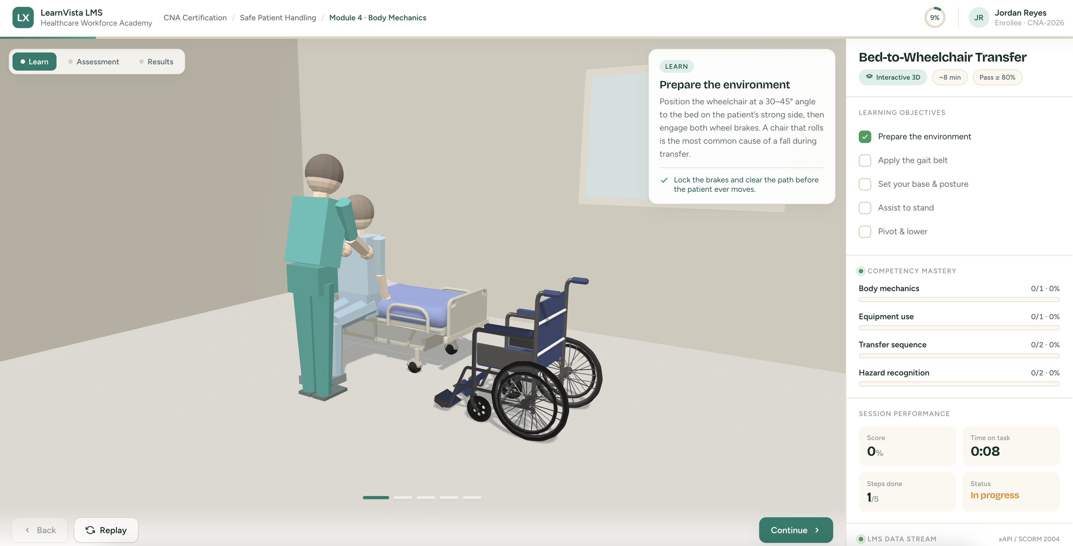 Interactive 3D medical training module with safe patient handling, bed-to-wheelchair transfer simulation, body mechanics assessment, hazard recognition and xAPI LMS score reporting — built with Three.js and WebGL by Tommy at xImmersion